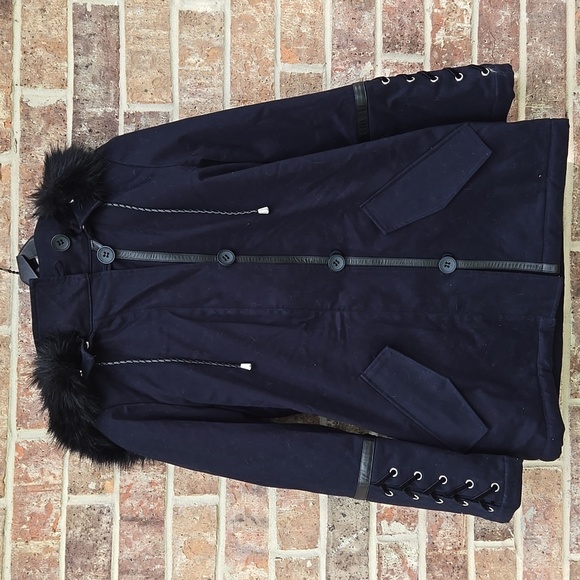 Maje Women's Black Fur-Trimmed Navy Blue Jacket Size 36 - Picture 2 of 7